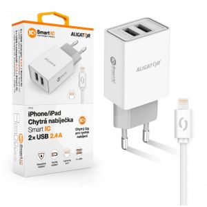 ALIGATOR Smart hálózati töltő 2.4A, 2xUSB, smart IC, fehér, USB kábel iPhone / iPad készülékhez CHA0036