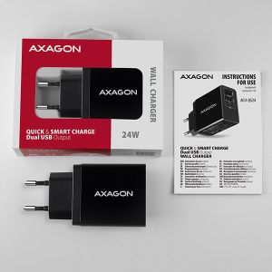 AXAGON ACU-QS24, QC és SMART hálózati töltő 24 W, 2x USB-A port, QC3.0/AFC/FCP + 5V/1.2A ACU-QS24