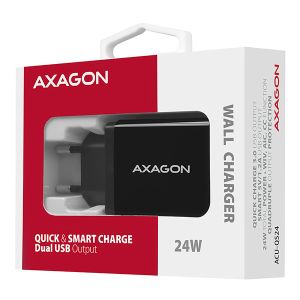 AXAGON ACU-QS24, QC és SMART hálózati töltő 24 W, 2x USB-A port, QC3.0/AFC/FCP + 5V/1.2A ACU-QS24