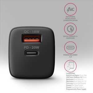 AXAGON ACU-PQ20 hálózati töltő 20W, 2x port (USB-A + USB-C), PD3.0/PPS/QC4+/AFC/Apple, fekete ACU-PQ20