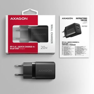 AXAGON ACU-PQ20 hálózati töltő 20W, 2x port (USB-A + USB-C), PD3.0/PPS/QC4+/AFC/Apple, fekete ACU-PQ20