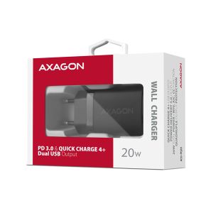 AXAGON ACU-PQ20 hálózati töltő 20W, 2x port (USB-A + USB-C), PD3.0/PPS/QC4+/AFC/Apple, fekete ACU-PQ20