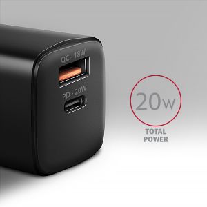 AXAGON ACU-PQ20 hálózati töltő 20W, 2x port (USB-A + USB-C), PD3.0/PPS/QC4+/AFC/Apple, fekete ACU-PQ20