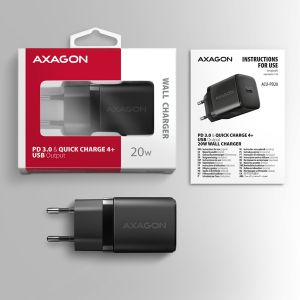 AXAGON ACU-PD20, hálózati töltő 20 W, 1x USB-C port, PD3.0/PPS/QC4+/AFC/Apple, fekete ACU-PD20