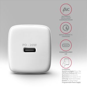 AXAGON ACU-PD20W, hálózati töltő 20 W, 1x USB-C port, PD3.0/PPS/QC4+/AFC/Apple, fehér ACU-PD20W