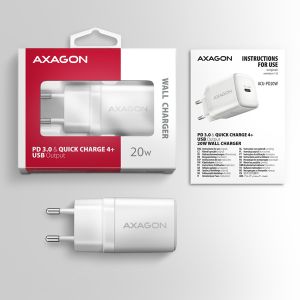 AXAGON ACU-PD20W, hálózati töltő 20 W, 1x USB-C port, PD3.0/PPS/QC4+/AFC/Apple, fehér ACU-PD20W