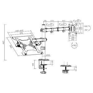 Monitortartó Brateck LDT66-C024ML egy csuklós kar + egy egymás melletti laptoptartó rúdon BRLDT66C024ML