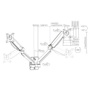 Monitortartó Brateck LDA32-114E két kar egymás mellett mechanikus rugós falra szerelve BRLDA32114E