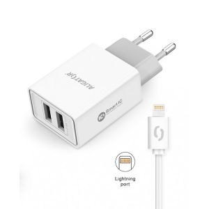 ALIGATOR Smart hálózati töltő 2.4A, 2xUSB, smart IC, fehér, USB kábel iPhone / iPad készülékhez CHA0036