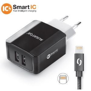 Intelligens hálózati töltő ALIGATOR 3.4A, 2xUSB, smart IC, fekete, kábel iPhone/iPad 2A-hoz CHS0001