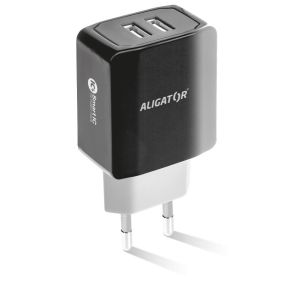 Intelligens hálózati töltő ALIGATOR 3.4A, 2xUSB, smart IC, fekete, kábel iPhone/iPad 2A-hoz CHS0001