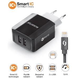 Intelligens hálózati töltő ALIGATOR 3.4A, 2xUSB, smart IC, fekete, kábel iPhone/iPad 2A-hoz CHS0001