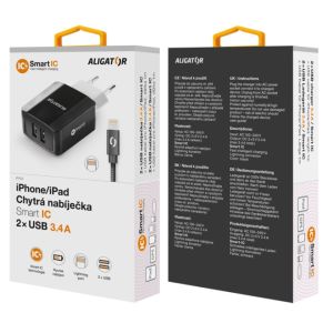 Intelligens hálózati töltő ALIGATOR 3.4A, 2xUSB, smart IC, fekete, kábel iPhone/iPad 2A-hoz CHS0001