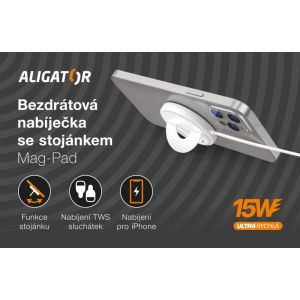 ALIGATOR vezeték nélküli töltő ALIGATOR Mag-Pad, MagSafe-hez tervezve, 15W, fehér AMS01WT