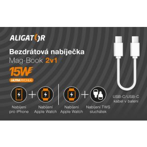 ALIGATOR Mag-Book 2 az 1-ben vezeték nélküli töltő, MagSafe és Apple Watch töltésére tervezve, 15 W, fehér AMS02WT