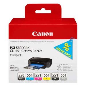 Canon CLI-551 CMYK, PGI-550, CLI-551GY, 6-pack tintapatron, többszínű, eredeti