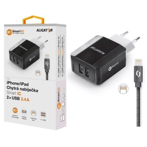 Intelligens hálózati töltő ALIGATOR 3.4A, 2xUSB, smart IC, fekete, kábel iPhone/iPad 2A-hoz CHS0001